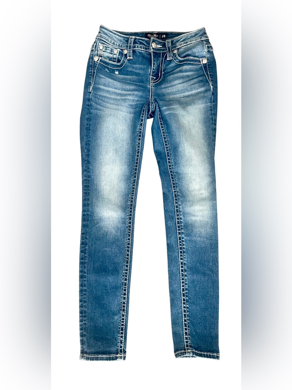 Miss Me Jeans Women’s 25 Blue Denim Mid-Rise Skinny Rhinestone Embellished Rock